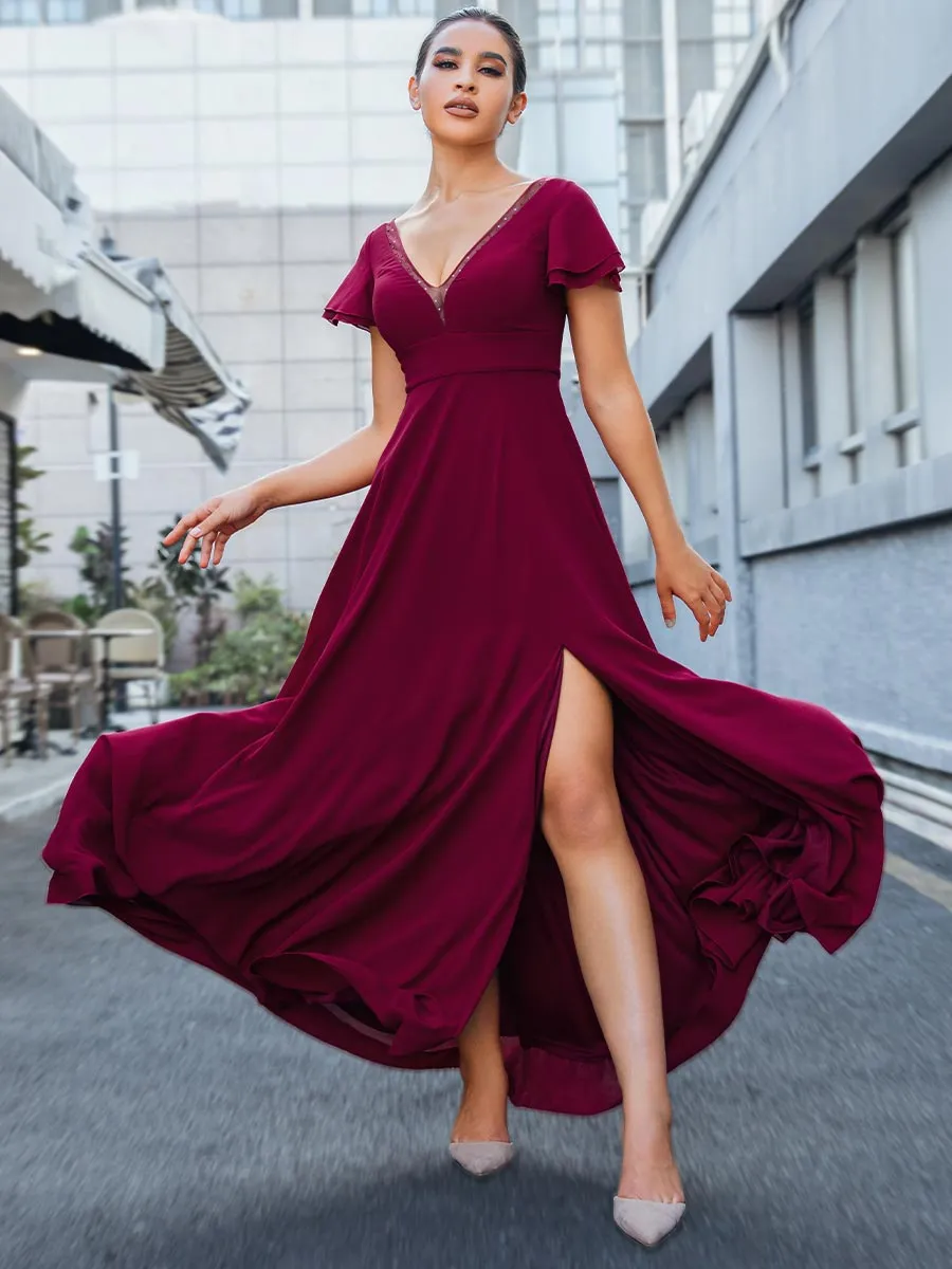2025 Wine V-Neck Burgundy Chiffon Bridesmaid Dresses