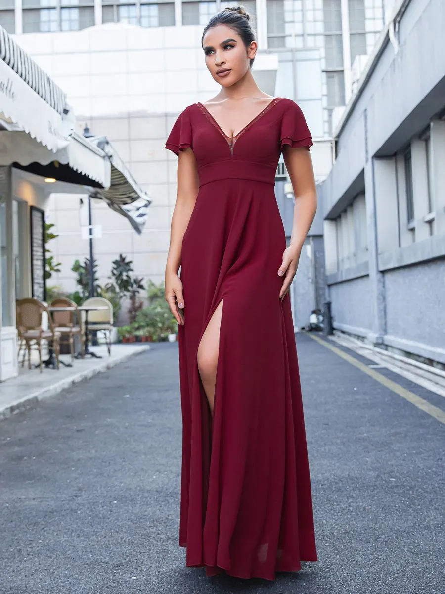 2025 Wine V-Neck Burgundy Chiffon Bridesmaid Dresses