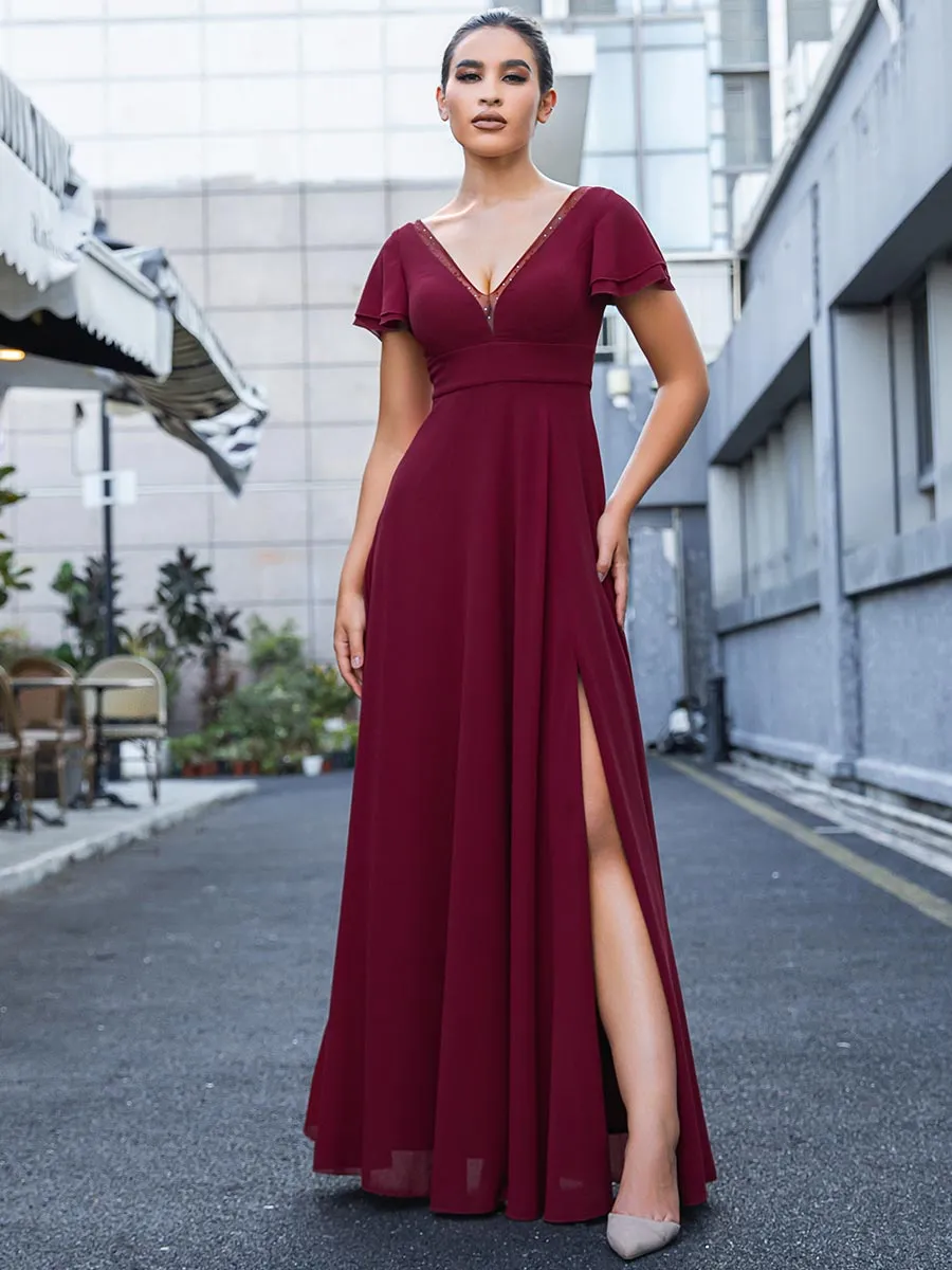2025 Wine V-Neck Burgundy Chiffon Bridesmaid Dresses