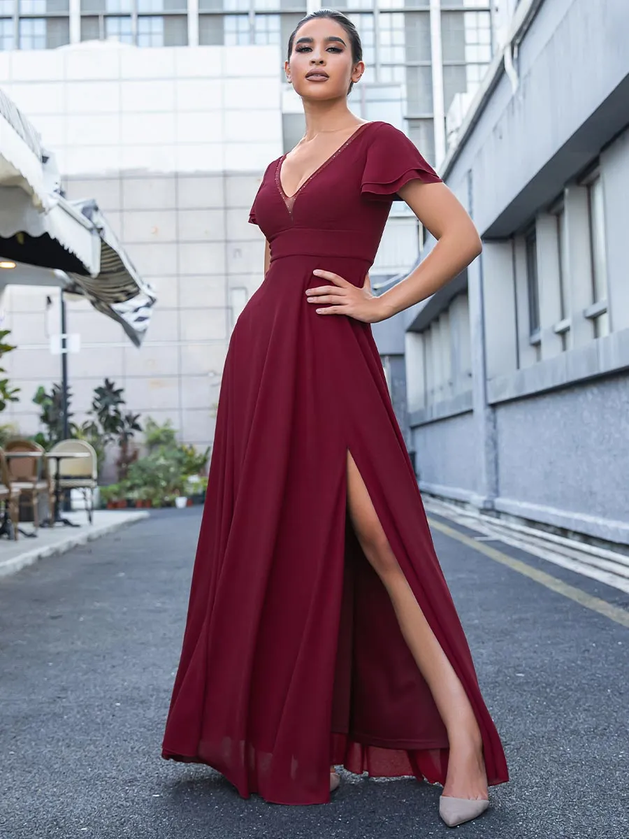 2025 Wine V-Neck Burgundy Chiffon Bridesmaid Dresses