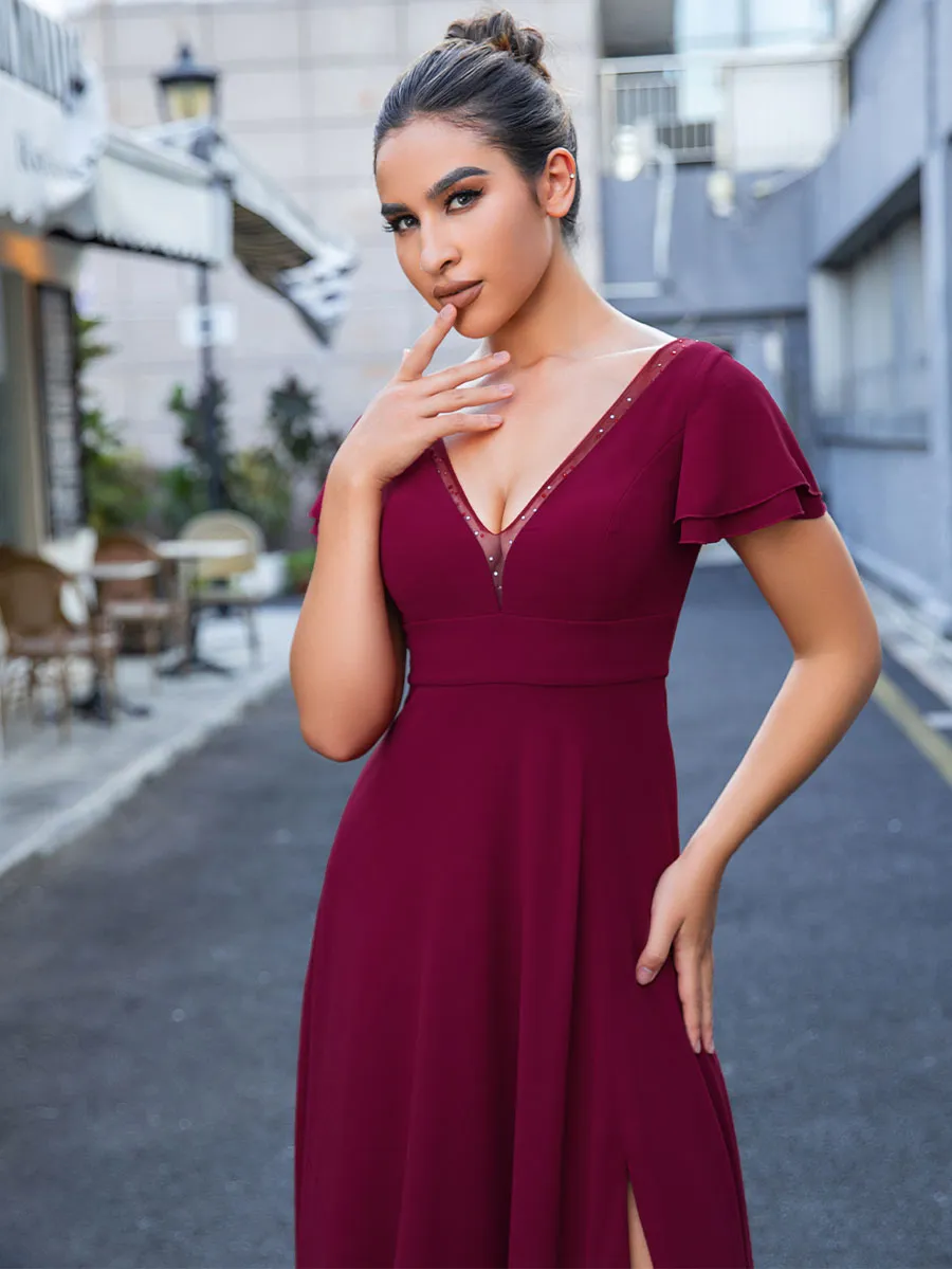 2025 Wine V-Neck Burgundy Chiffon Bridesmaid Dresses