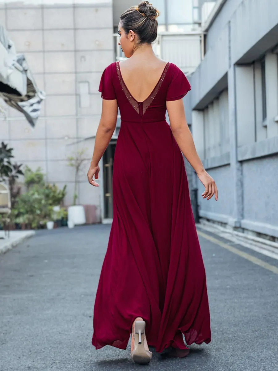 2025 Wine V-Neck Burgundy Chiffon Bridesmaid Dresses