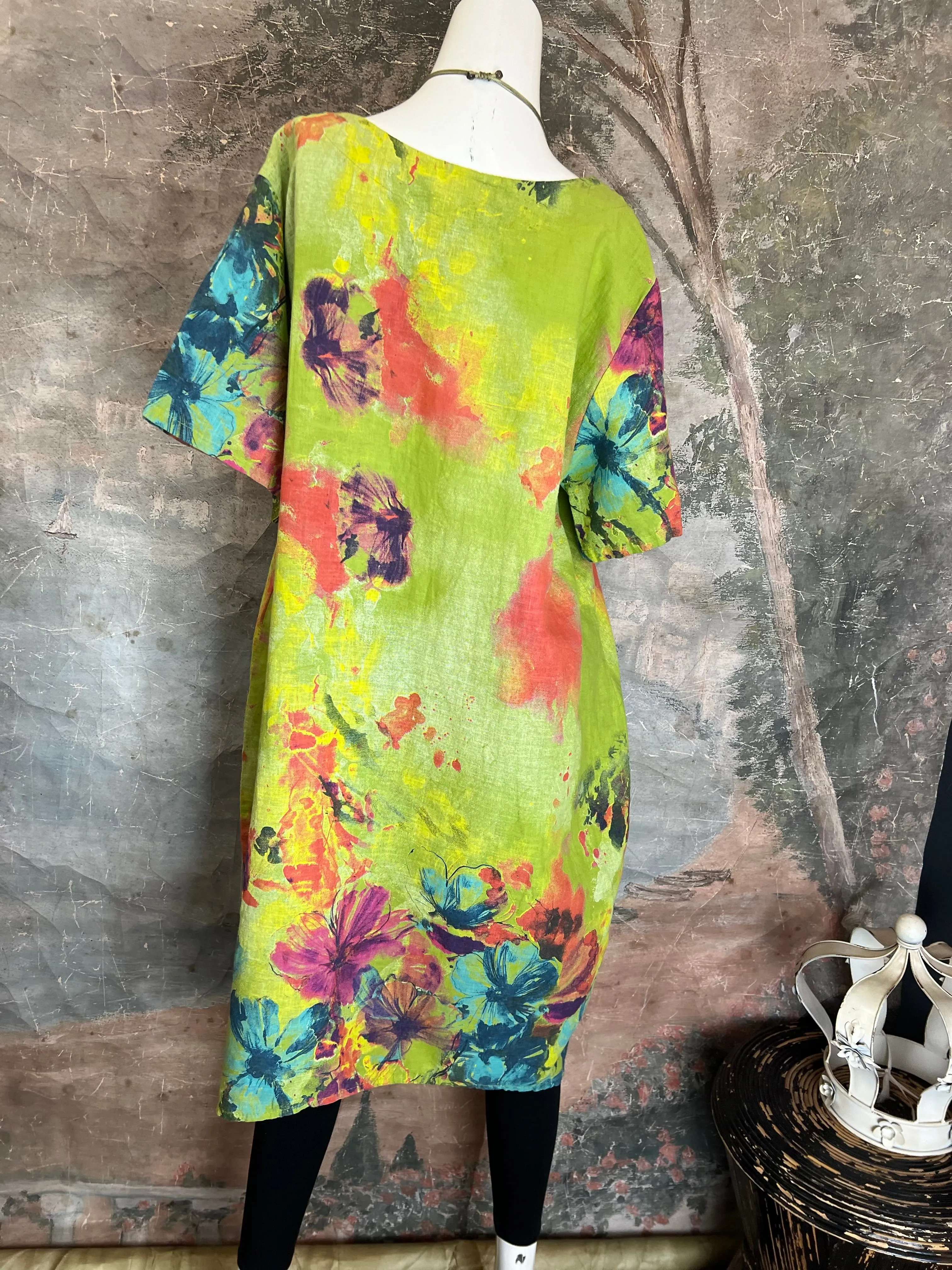 90847 Linen Paint Dress-KIWI