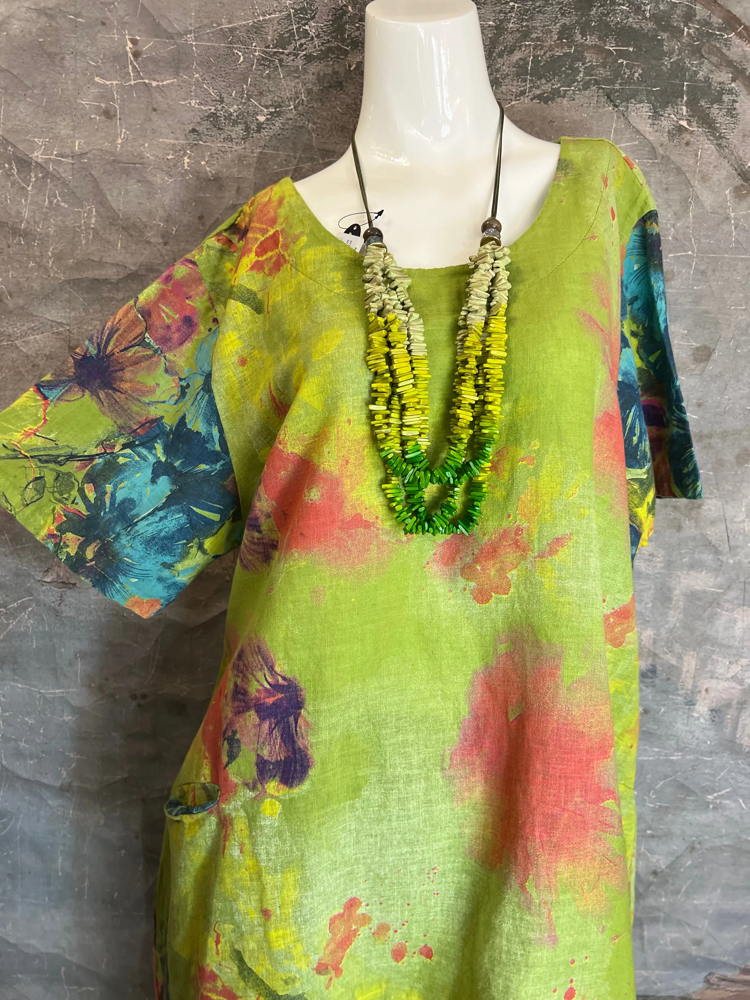 90847 Linen Paint Dress-KIWI