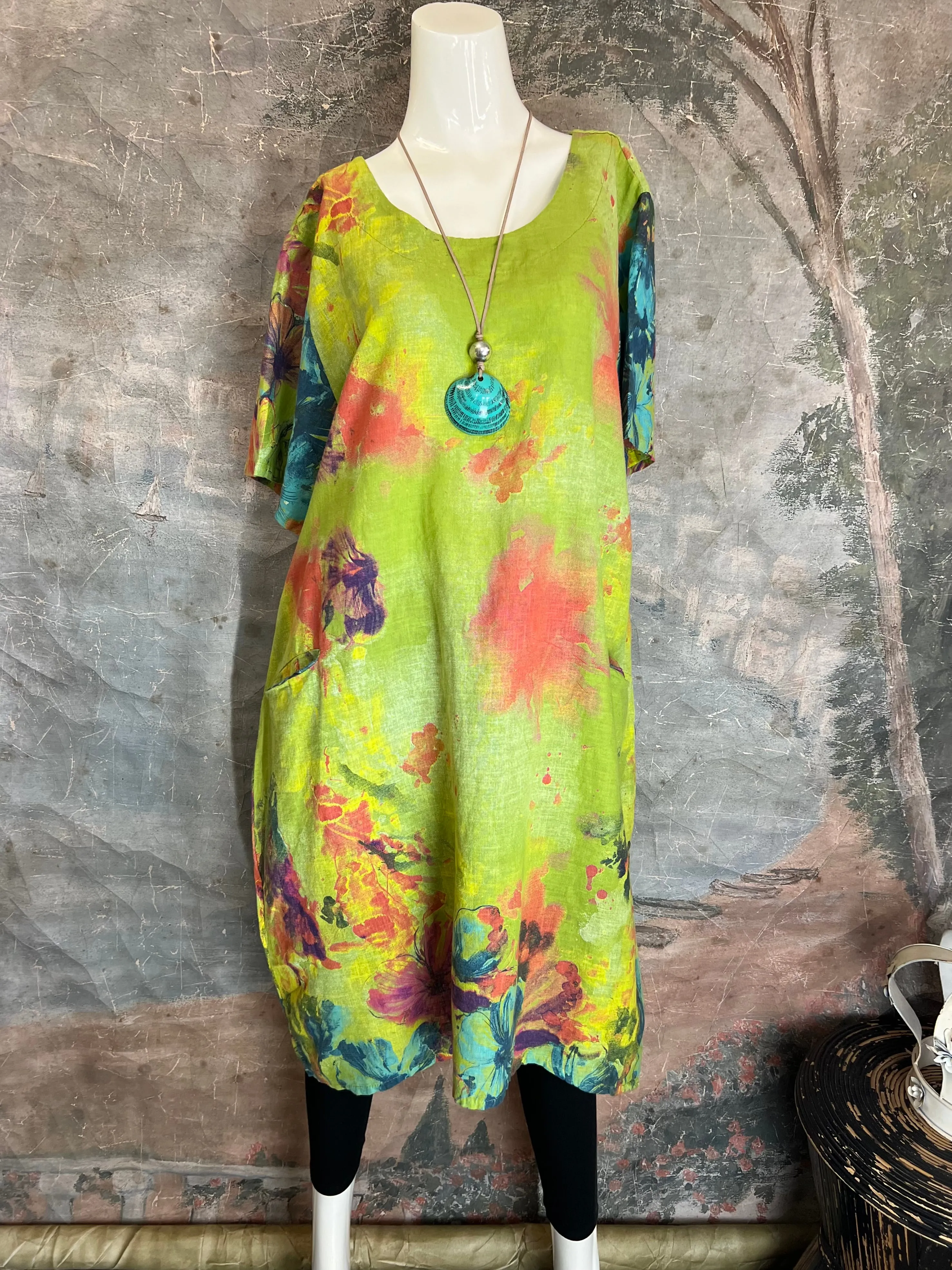 90847 Linen Paint Dress-KIWI