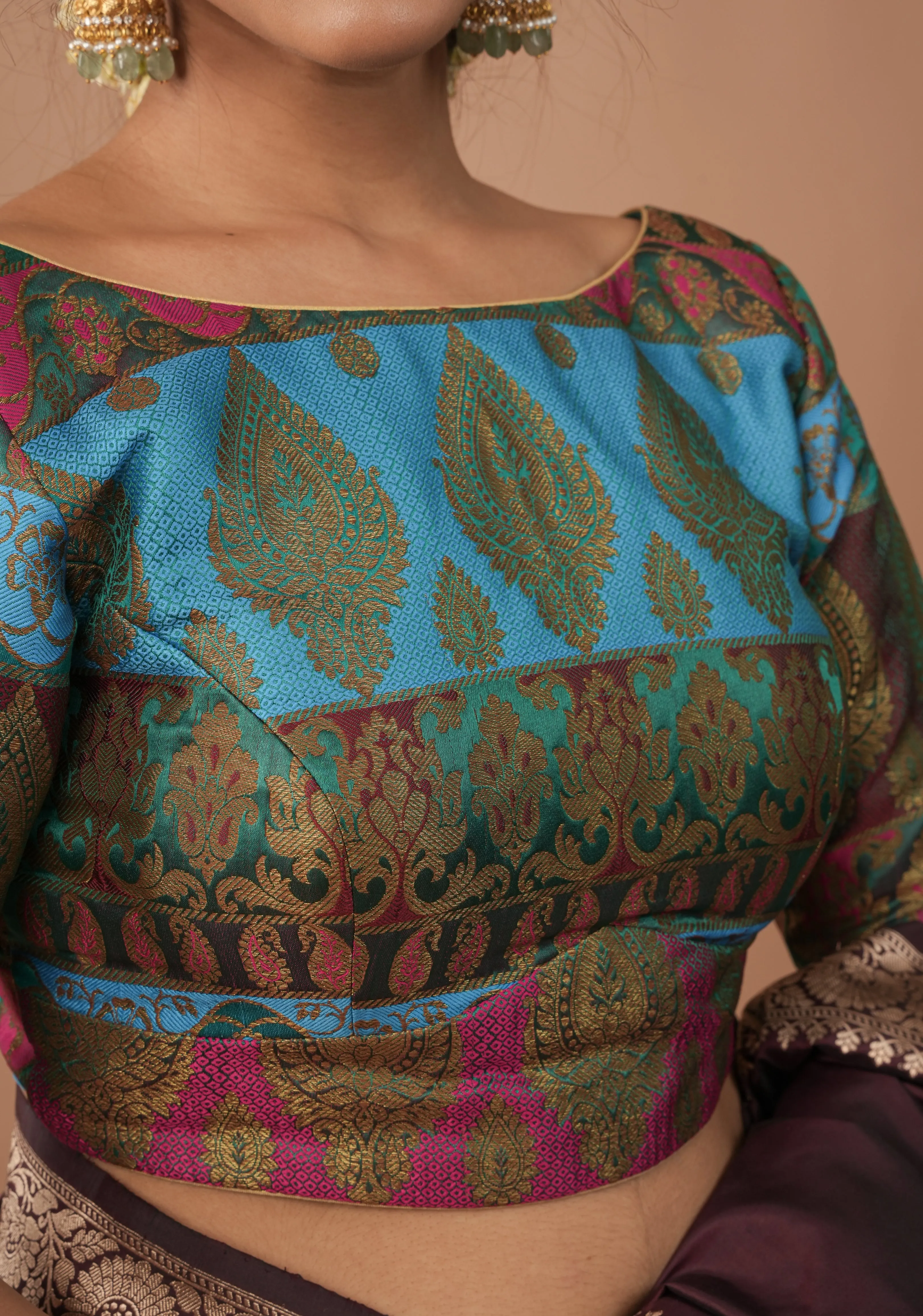 Banarasi multicolor Boat Neck Antique zari brocade Blouse | Made To Order