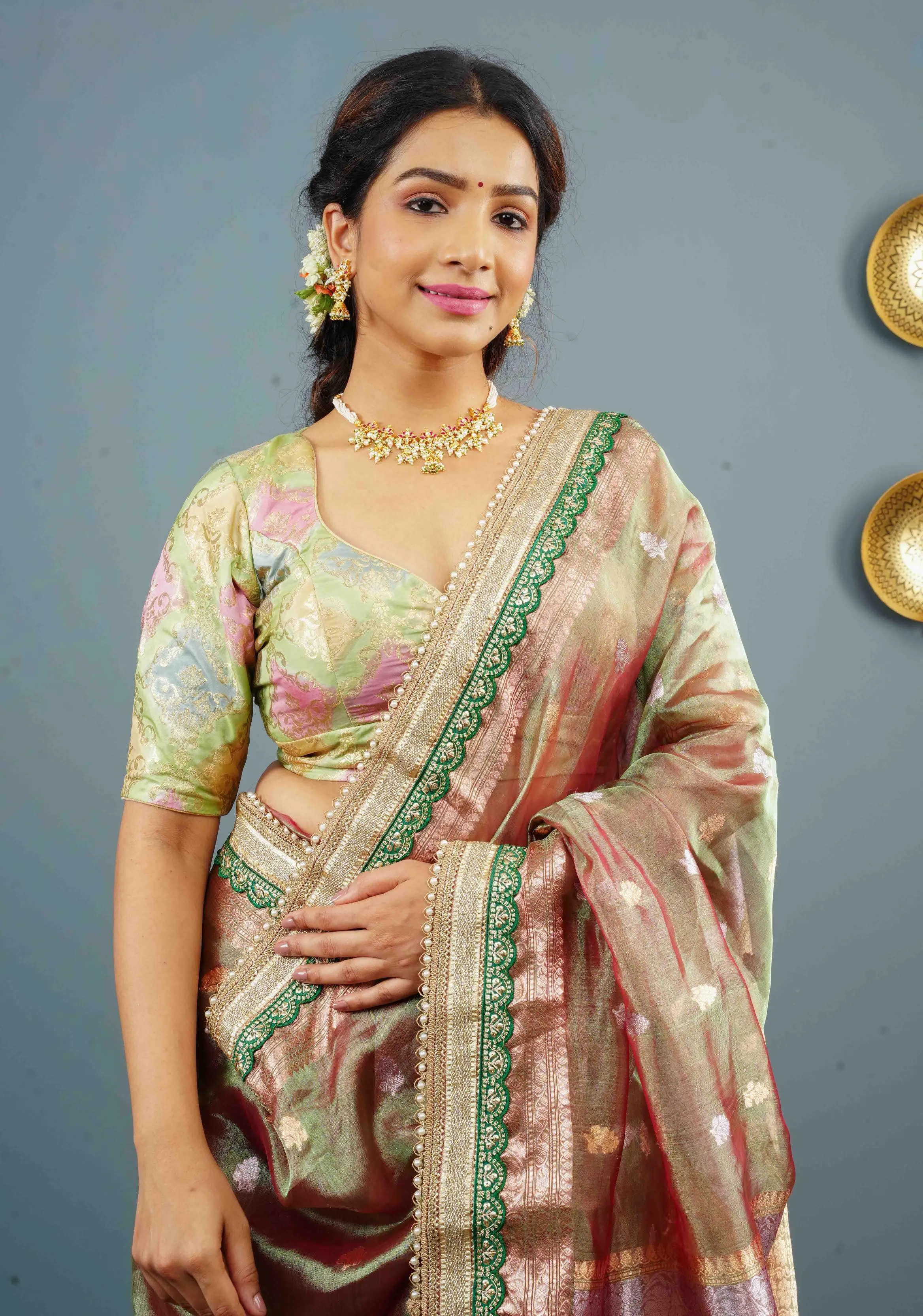 Banarasi Pastel Hued Blouse with Rangkaat Design Ombre and beaded trim back detailing, Customizable, Made to Order