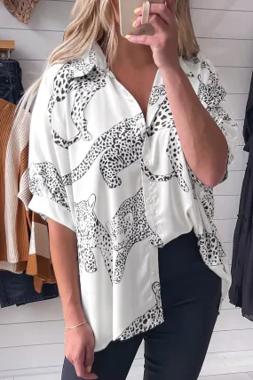 Beige Cheetah Print OVERSIZED Buttoned Half Sleeve Shirt