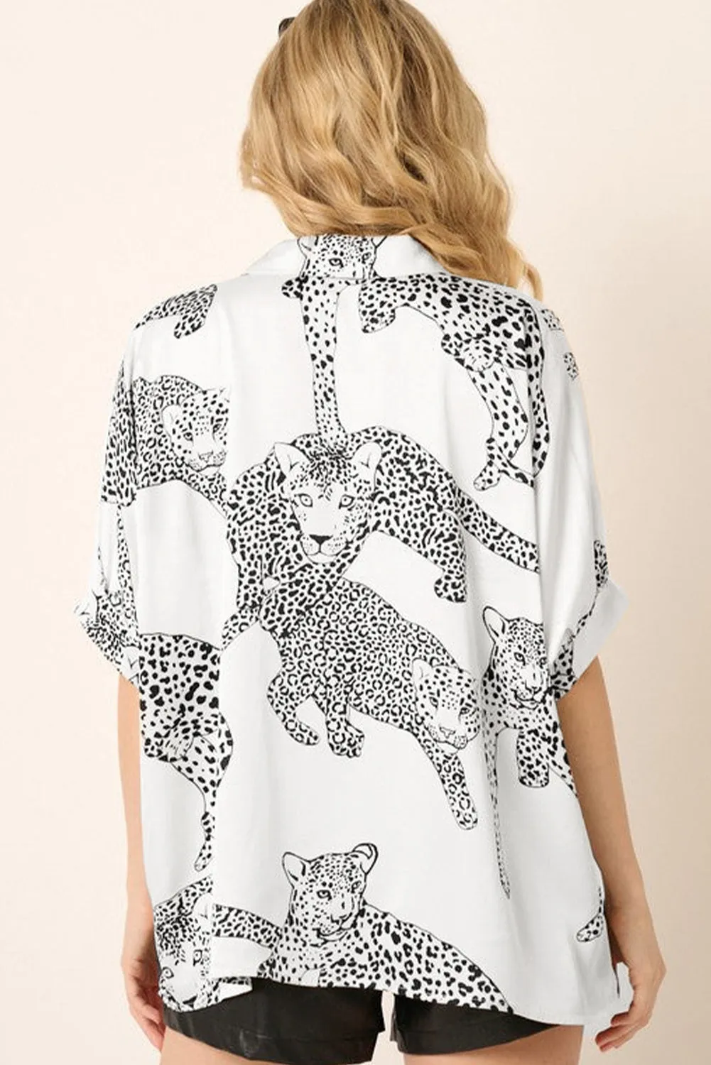 Beige Cheetah Print OVERSIZED Buttoned Half Sleeve Shirt