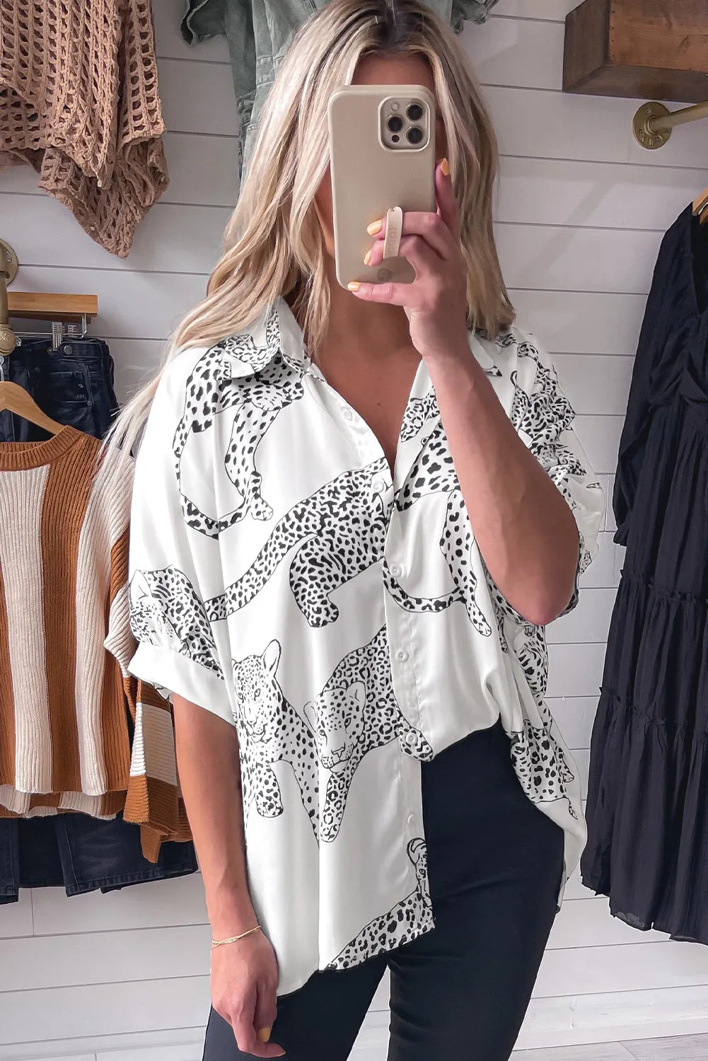 Beige Cheetah Print OVERSIZED Buttoned Half Sleeve Shirt