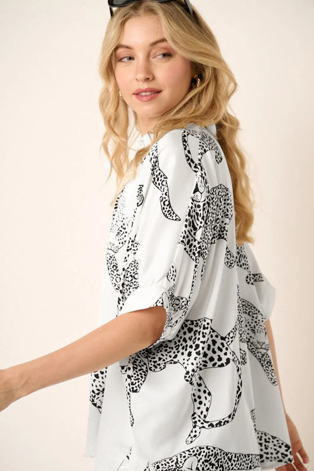 Beige Cheetah Print OVERSIZED Buttoned Half Sleeve Shirt