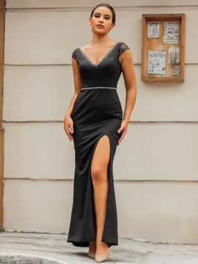 Black Mermaid Bridesmaid Dresses Cap Sleeves V-neck