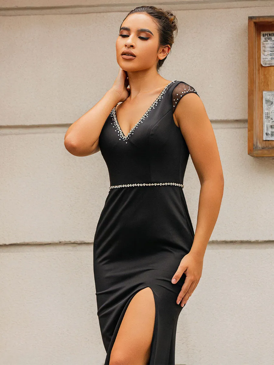 Black Mermaid Bridesmaid Dresses Cap Sleeves V-neck