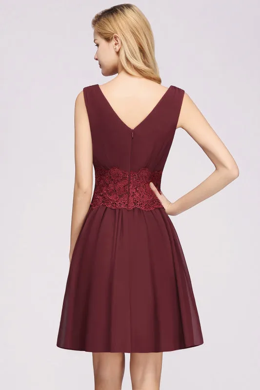 Cute V-Neck Sleeveless Lace Bridesmaid Dresses Knee Length