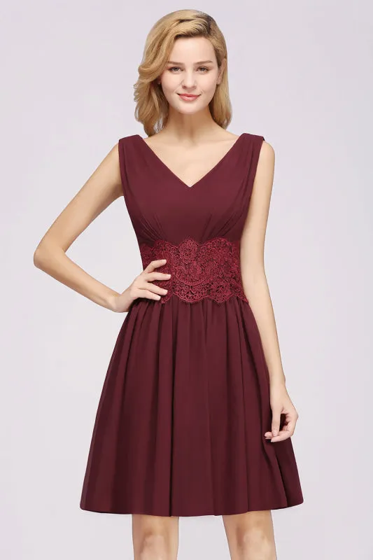 Cute V-Neck Sleeveless Lace Bridesmaid Dresses Knee Length