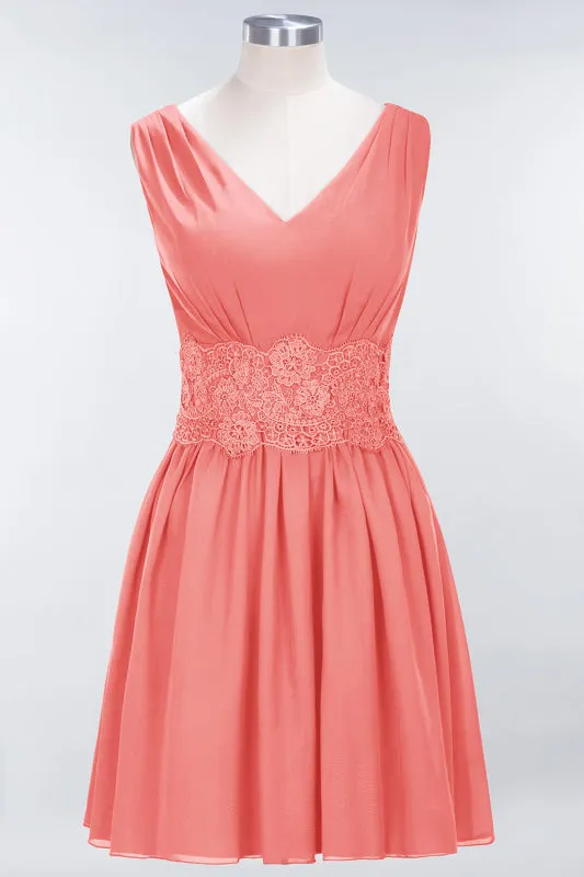 Cute V-Neck Sleeveless Lace Bridesmaid Dresses Knee Length