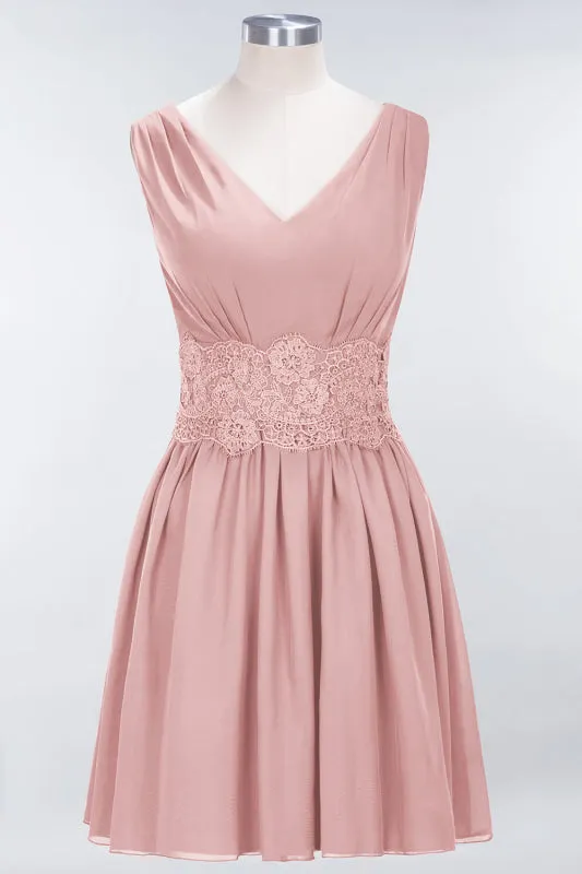 Cute V-Neck Sleeveless Lace Bridesmaid Dresses Knee Length