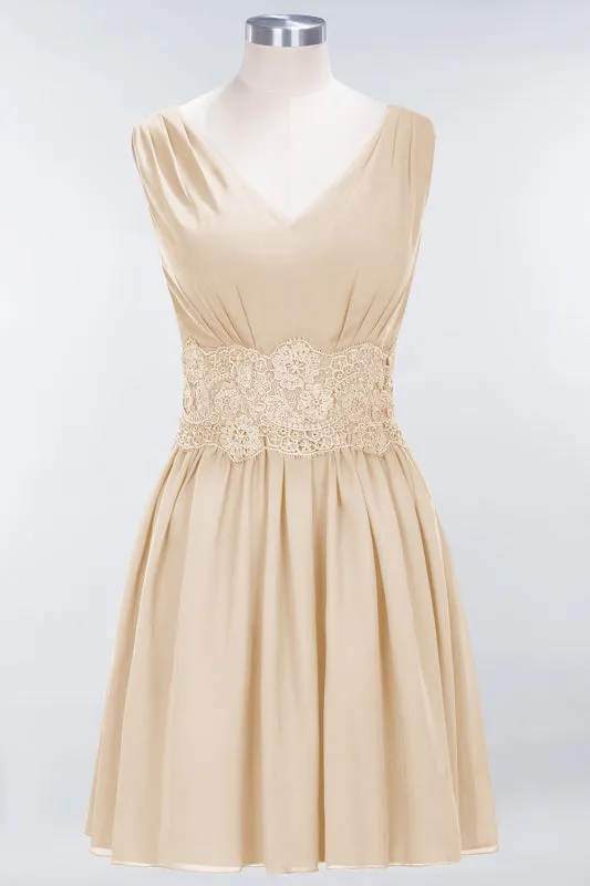 Cute V-Neck Sleeveless Lace Bridesmaid Dresses Knee Length