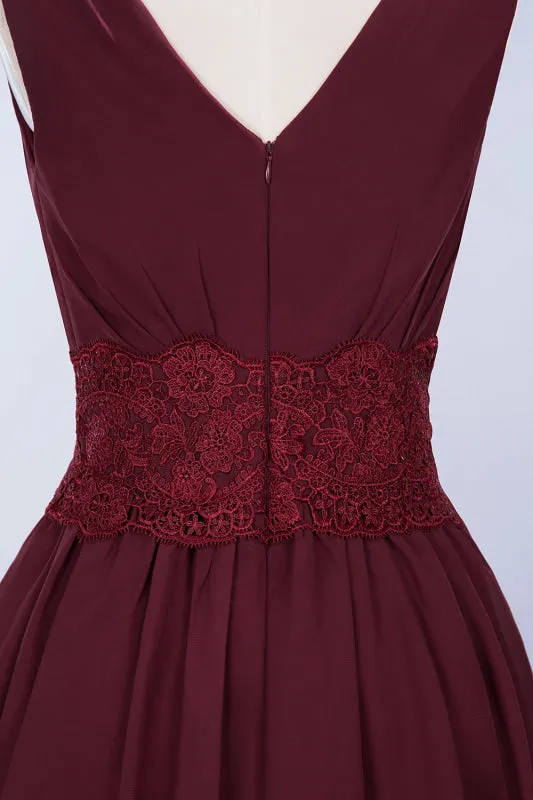 Cute V-Neck Sleeveless Lace Bridesmaid Dresses Knee Length