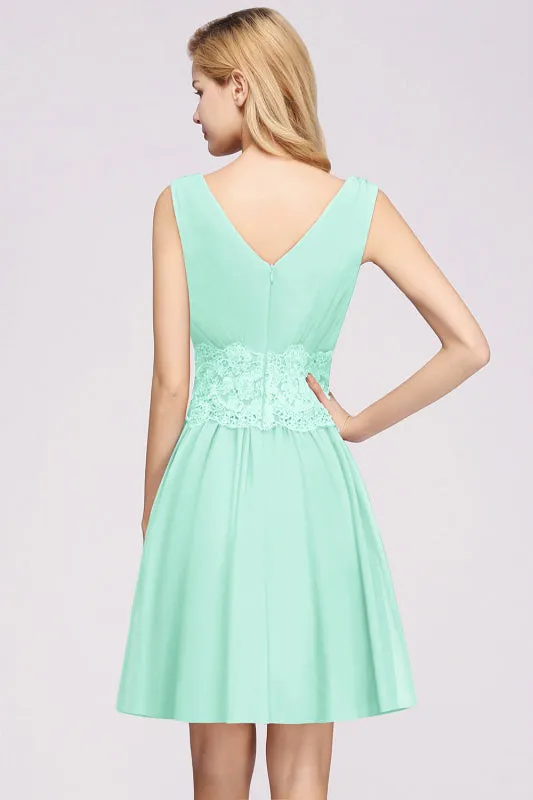 Cute V-Neck Sleeveless Lace Bridesmaid Dresses Knee Length