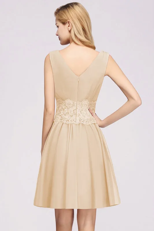 Cute V-Neck Sleeveless Lace Bridesmaid Dresses Knee Length