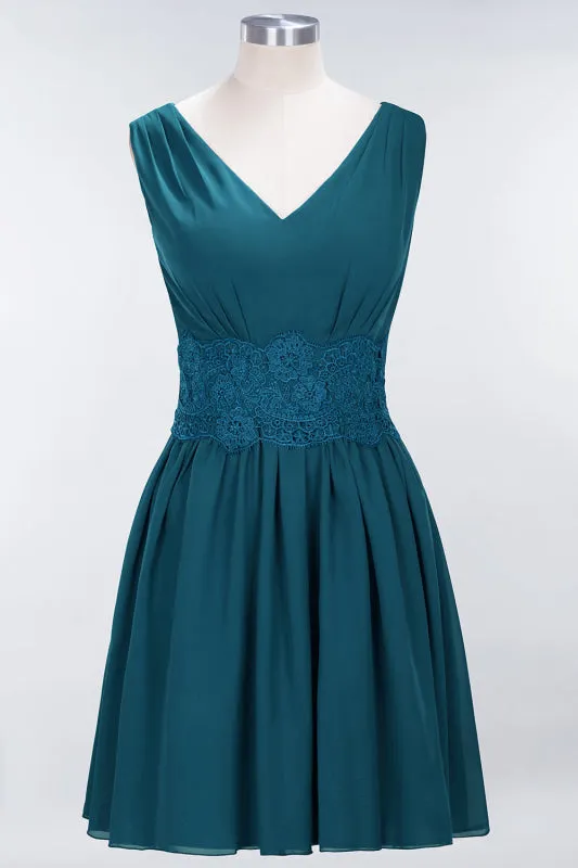 Cute V-Neck Sleeveless Lace Bridesmaid Dresses Knee Length