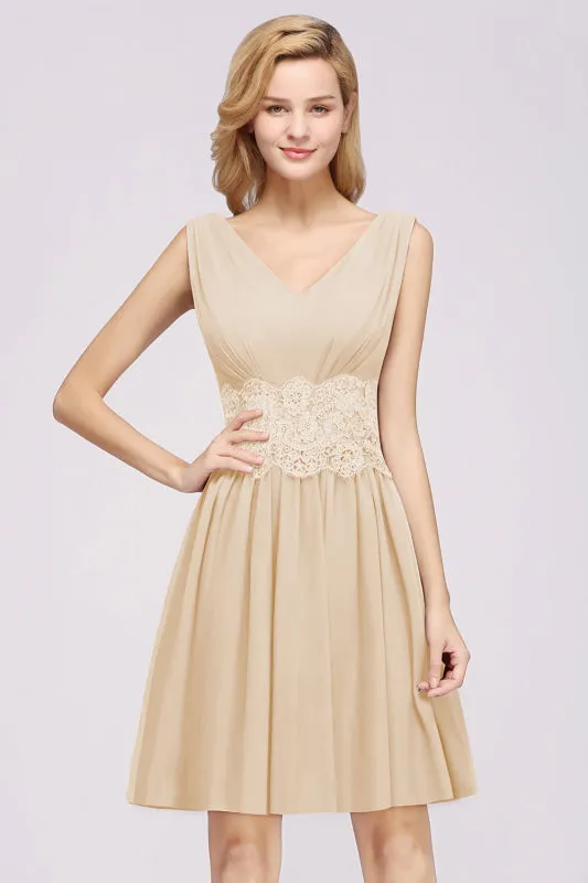 Cute V-Neck Sleeveless Lace Bridesmaid Dresses Knee Length