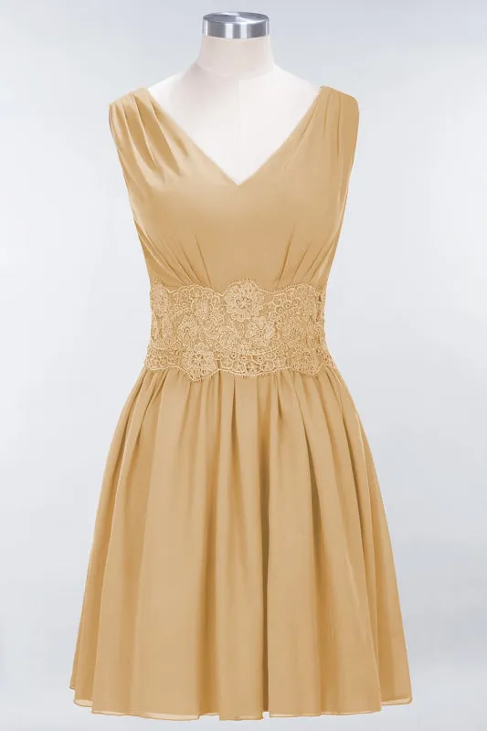 Cute V-Neck Sleeveless Lace Bridesmaid Dresses Knee Length