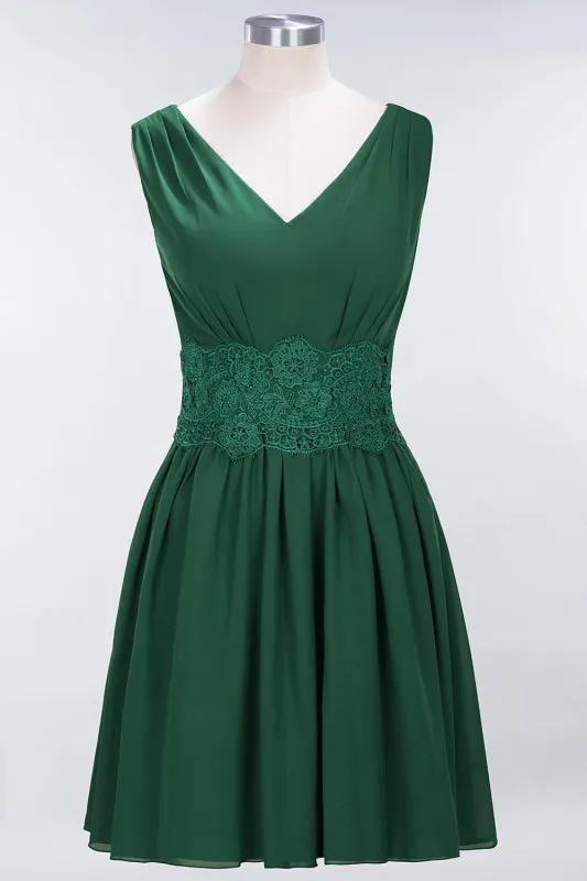 Cute V-Neck Sleeveless Lace Bridesmaid Dresses Knee Length