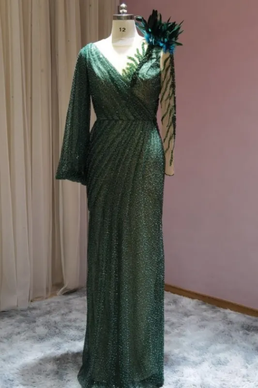Designer Deark Green Mermaid evening dresses long with sleeves