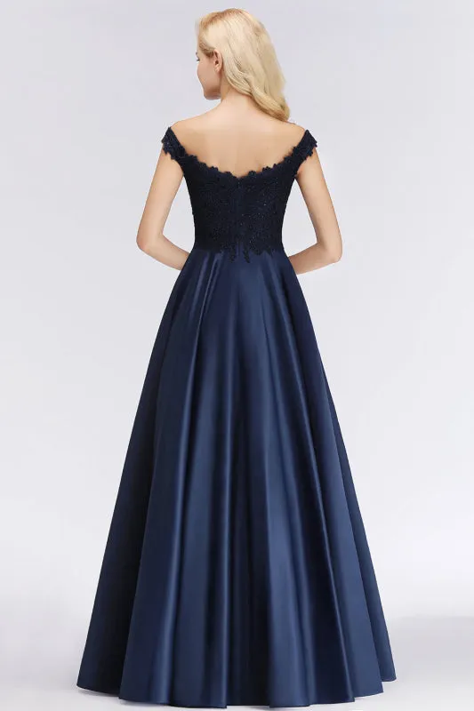 Elegant Off-the-Shoulder Beads Navy Satin Bridesmaid Dresses