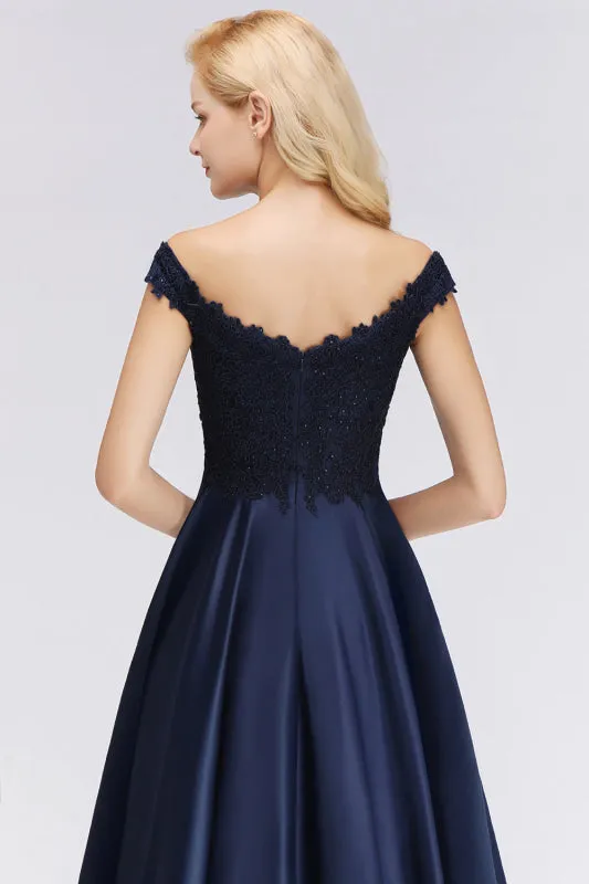 Elegant Off-the-Shoulder Beads Navy Satin Bridesmaid Dresses