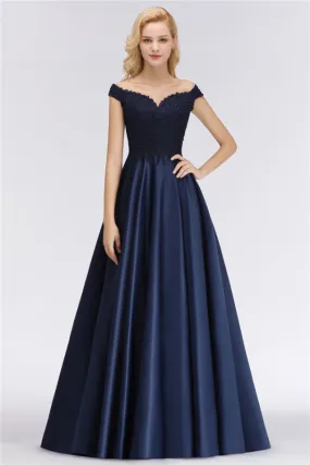 Elegant Off-the-Shoulder Beads Navy Satin Bridesmaid Dresses