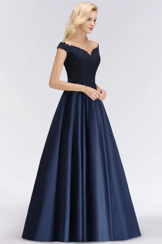 Elegant Off-the-Shoulder Beads Navy Satin Bridesmaid Dresses