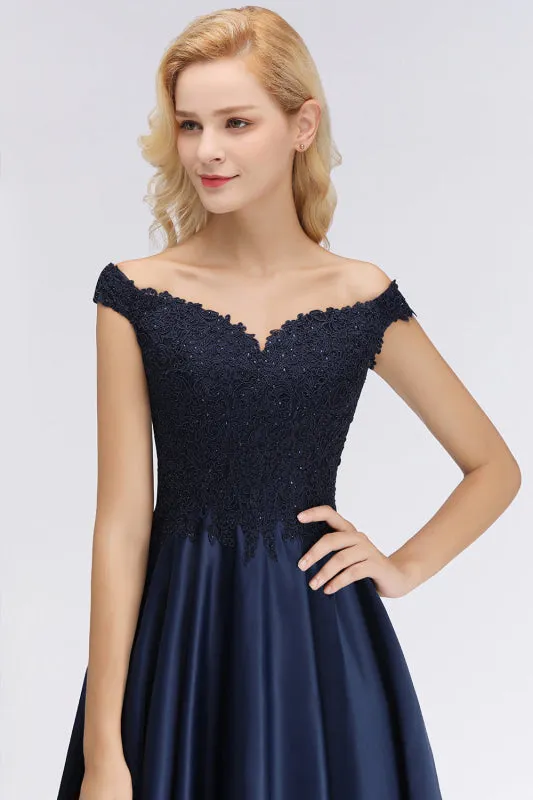 Elegant Off-the-Shoulder Beads Navy Satin Bridesmaid Dresses