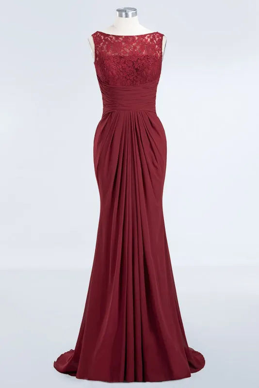 Elegant Pleated Chiffon Lace Bridesmaid Dress Burgundy Mermaid Formal Dress