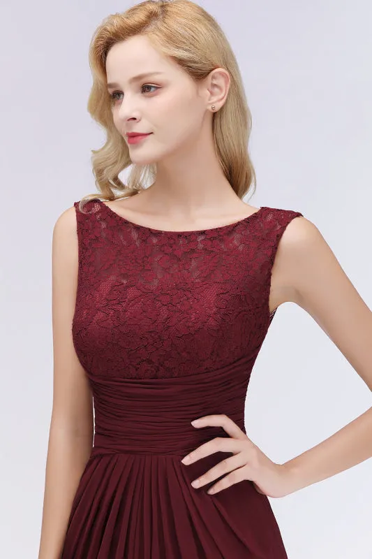 Elegant Pleated Chiffon Lace Bridesmaid Dress Burgundy Mermaid Formal Dress