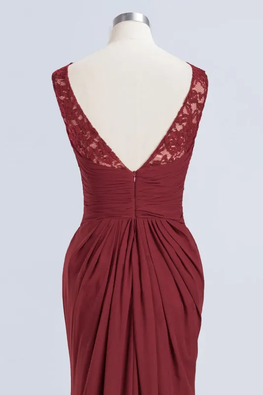 Elegant Pleated Chiffon Lace Bridesmaid Dress Burgundy Mermaid Formal Dress