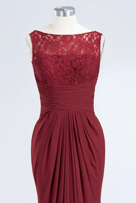 Elegant Pleated Chiffon Lace Bridesmaid Dress Burgundy Mermaid Formal Dress