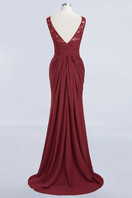 Elegant Pleated Chiffon Lace Bridesmaid Dress Burgundy Mermaid Formal Dress