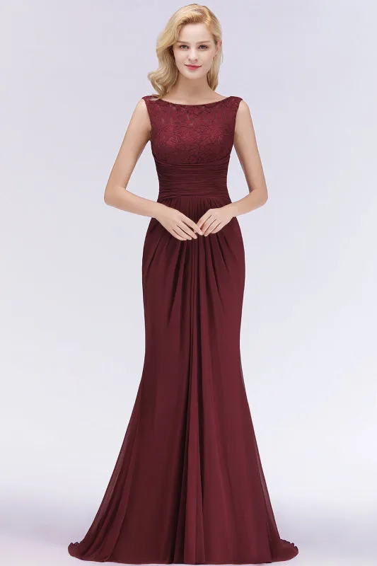 Elegant Pleated Chiffon Lace Bridesmaid Dress Burgundy Mermaid Formal Dress