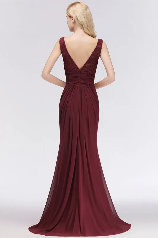 Elegant Pleated Chiffon Lace Bridesmaid Dress Burgundy Mermaid Formal Dress
