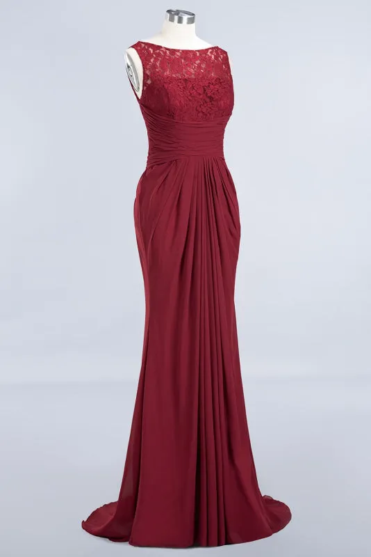 Elegant Pleated Chiffon Lace Bridesmaid Dress Burgundy Mermaid Formal Dress