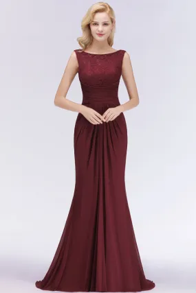 Elegant Pleated Chiffon Lace Bridesmaid Dress Burgundy Mermaid Formal Dress