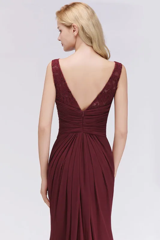 Elegant Pleated Chiffon Lace Bridesmaid Dress Burgundy Mermaid Formal Dress