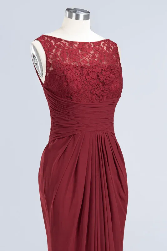 Elegant Pleated Chiffon Lace Bridesmaid Dress Burgundy Mermaid Formal Dress