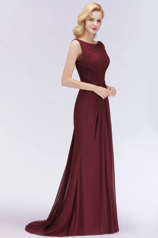Elegant Pleated Chiffon Lace Bridesmaid Dress Burgundy Mermaid Formal Dress