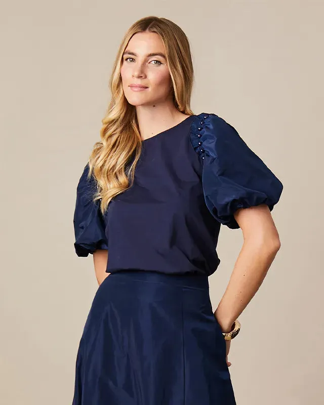 Fee G Maya Navy Beaded Balloon Sleeve Top