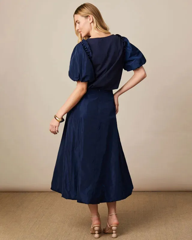 Fee G Maya Navy Beaded Balloon Sleeve Top