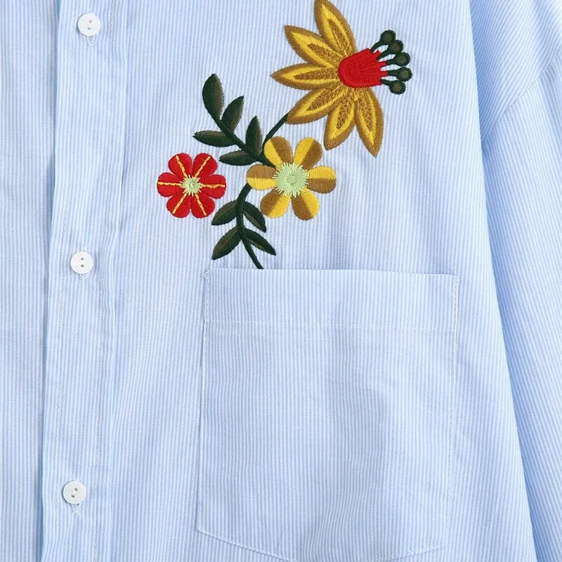 FLORAL EMBROIDERY STRIPED SHIRT